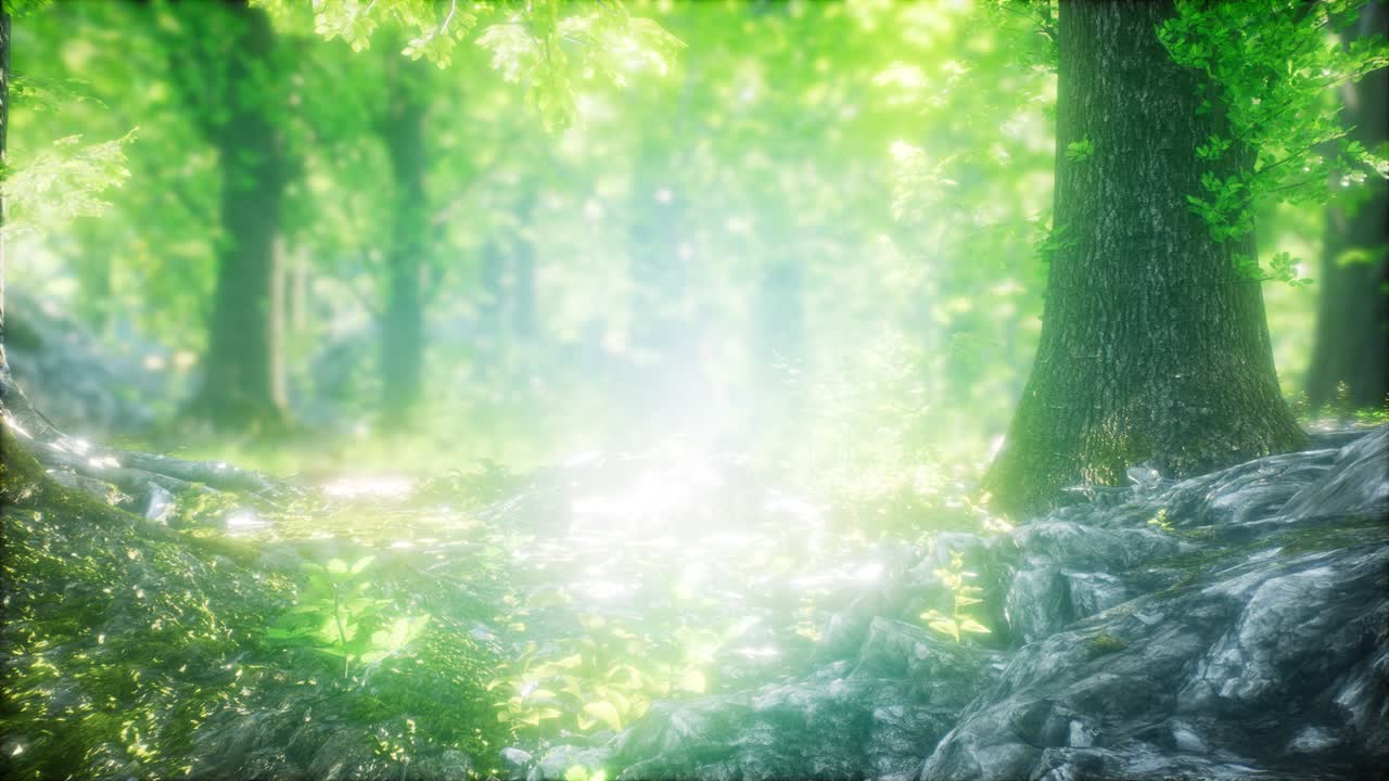 태양 광선과 함께 안개 봄 숲에서 아침