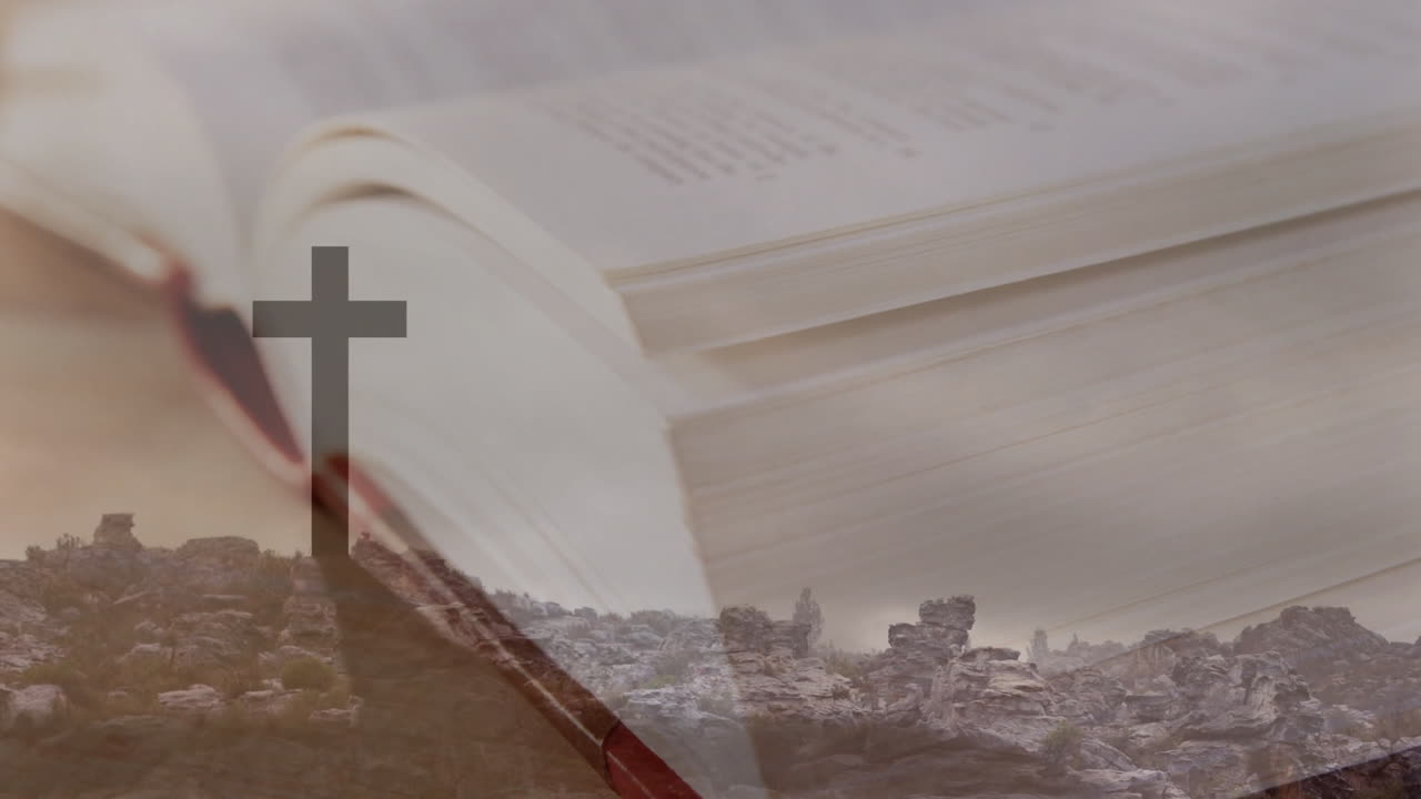 Book with cross symbol on rocky landscape, depicting spiritual animation journey
