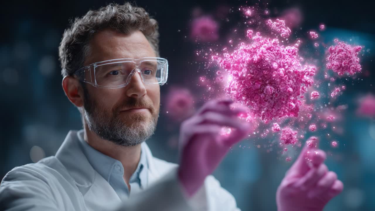Scientist Examining Pink Molecular Structure in Laboratory Setting with Advanced Technology, Highlighting the Intersection of Chemistry and Innovation in Modern Research