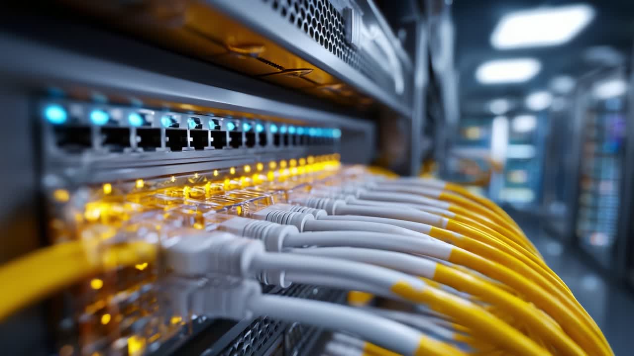Close-Up View of Data Center Server Rack with Organized Network Cables and Illuminated Ports Demonstrating Modern Technology and Efficient Connectivity