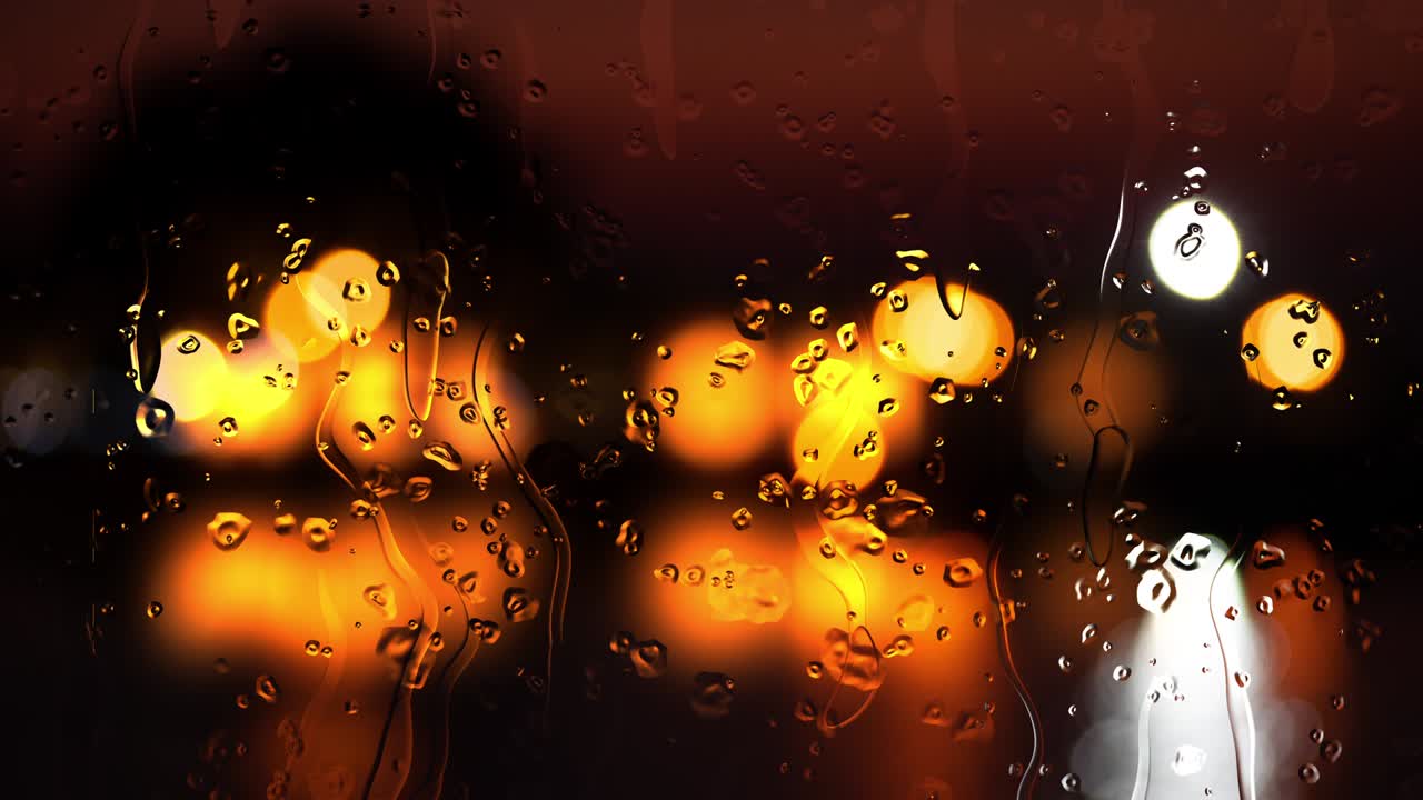 유리 위에 방울이 떨어지고, 배경에는 불명확한 보케 조명이 있습니다. 도시 조명과 비가 추상적인 배경입니다.