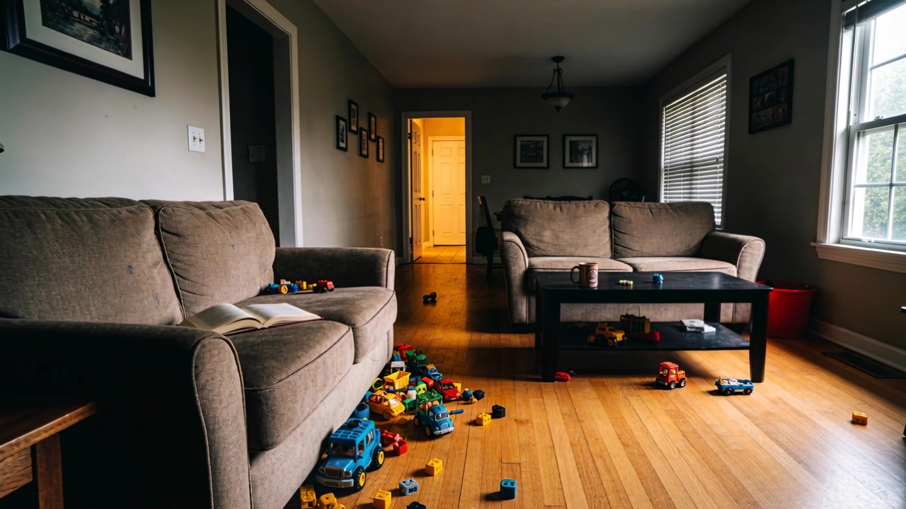 Câmera panorâmica avançando, trazendo brinquedos espalhados para frente perto do sofá esquerdo com um livro aberto.
