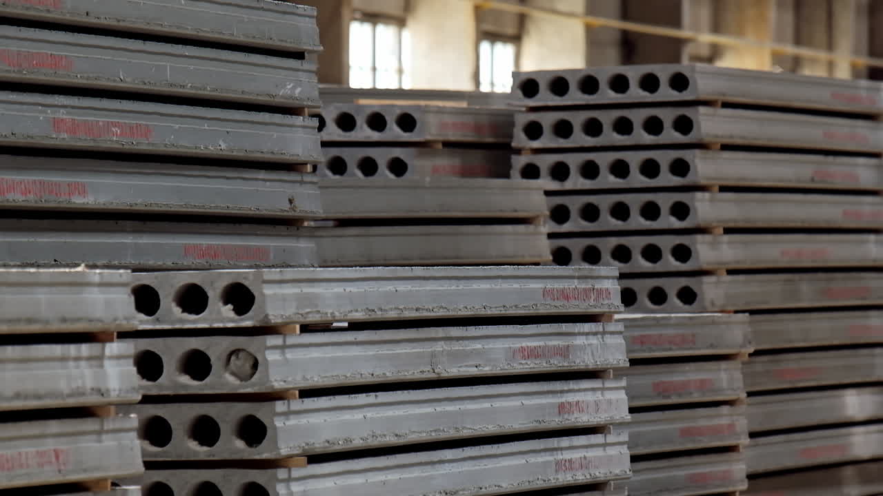 Side view of concrete blocks. Warehouse paving slabs in the factory