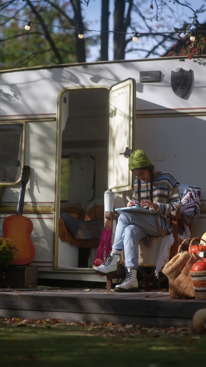 가을에 캠퍼 밴 근처의 노트북에서 일하는 여성