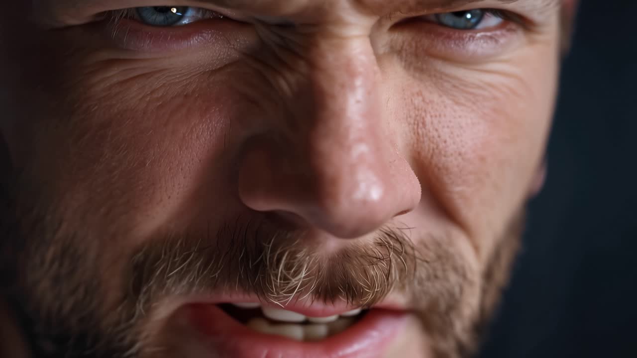 Intense Close-Up of a Man's Face Highlighting Strong Eyes and Facial Expression, Capturing Emotion and Depth in the Moment, Focused and Engaging Perspective