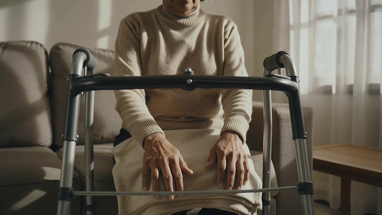 Releasing walker handles, senior woman in turtleneck placing hands on lap blanket on sofa, settling