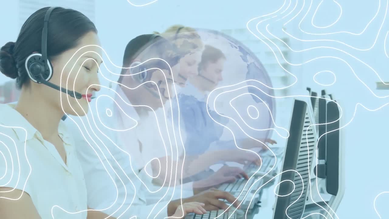 전화 헤드 ⁇ 을 사용하는 비즈니스 사람들 위의 지구와 선의 애니메이션