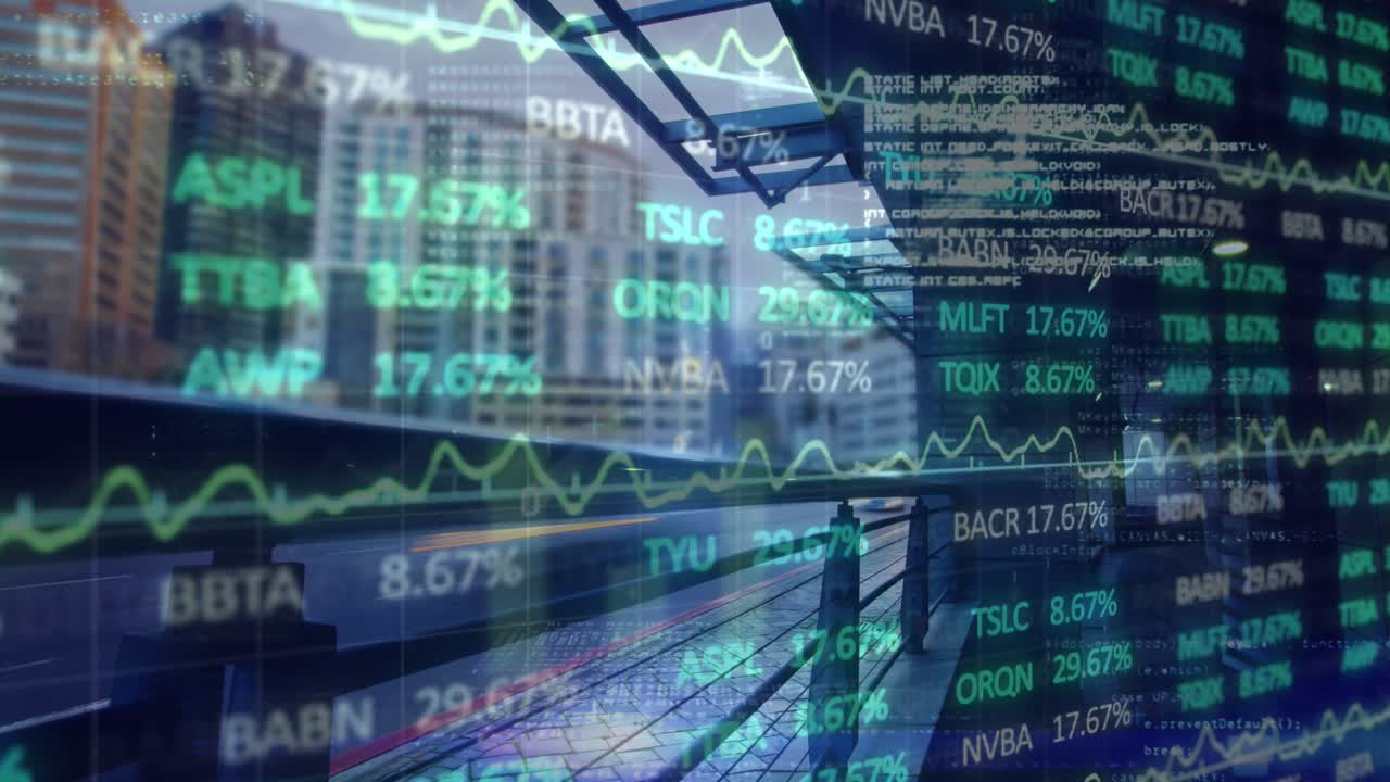 The animation shows a stock market display with blue and green stock market numbers and graphs