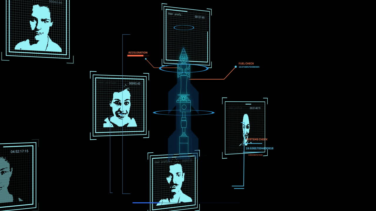 Animation of biometric photos and data processing over black background
