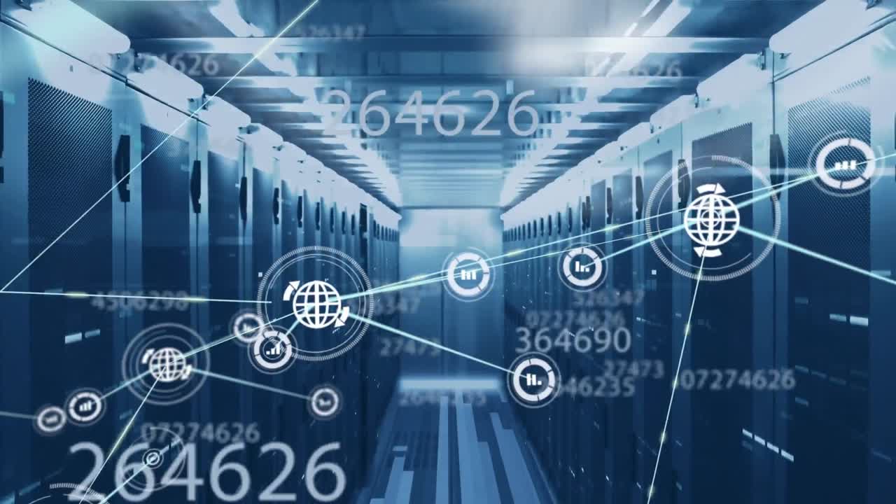 컴퓨터 서버를 통해 아이콘을 가진 연결 네트워크의 애니메이션