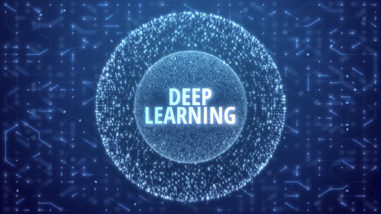 Deep Learning Concept over Matrix sphere on circuitry background. random numbers in form of sphere over circuit blue background