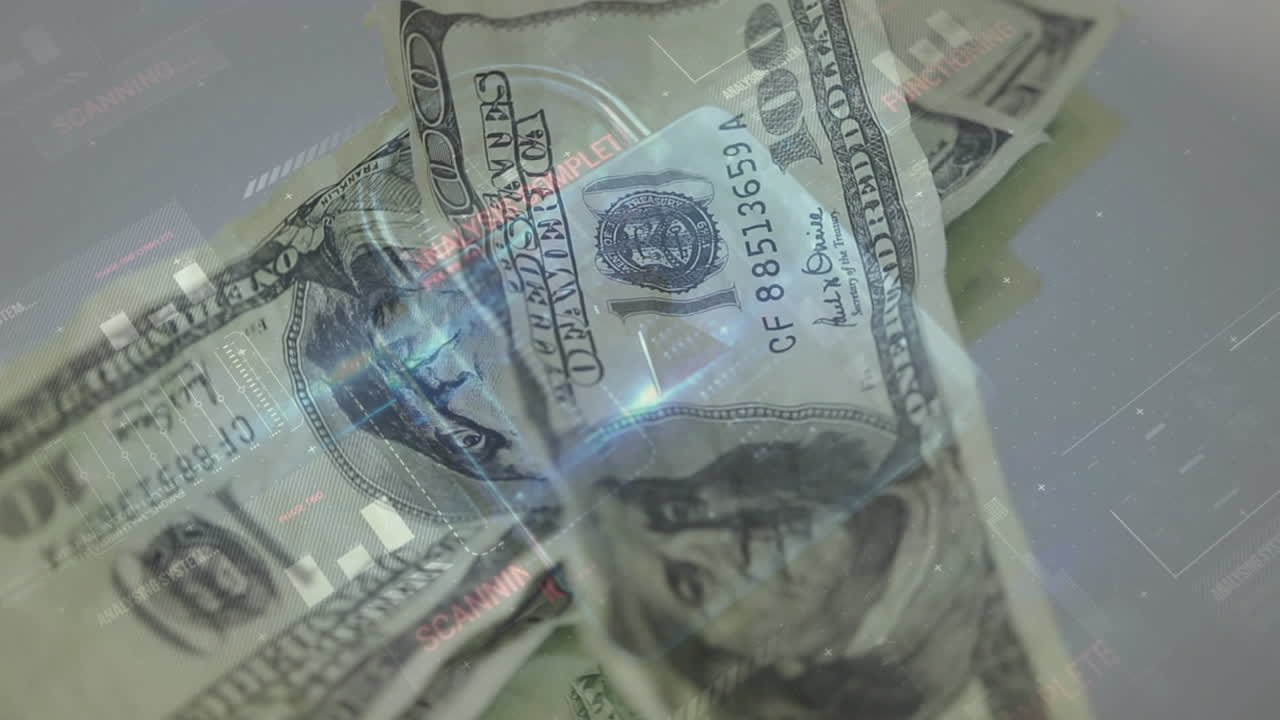 떨어지는 달러 지폐 위에 다양한 데이터와 보안 잠금의 애니메이션