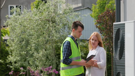 the specialist explains to the customer the principle of operation of the heat pump