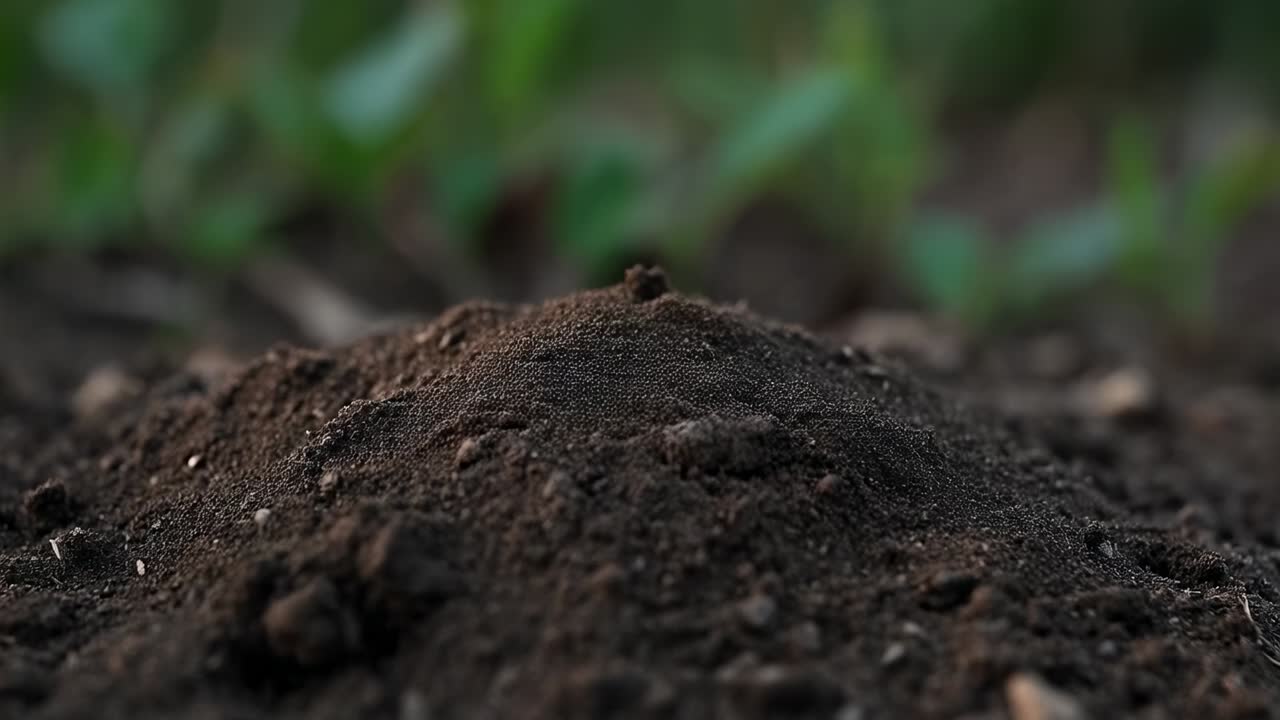 Germoglio verde che spunta da un cumulo di terra scura mentre il terreno si sposta, rivelando i cotiledoni