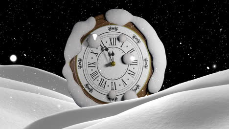 animation of retro clock ticking showing midnight in winter scenery