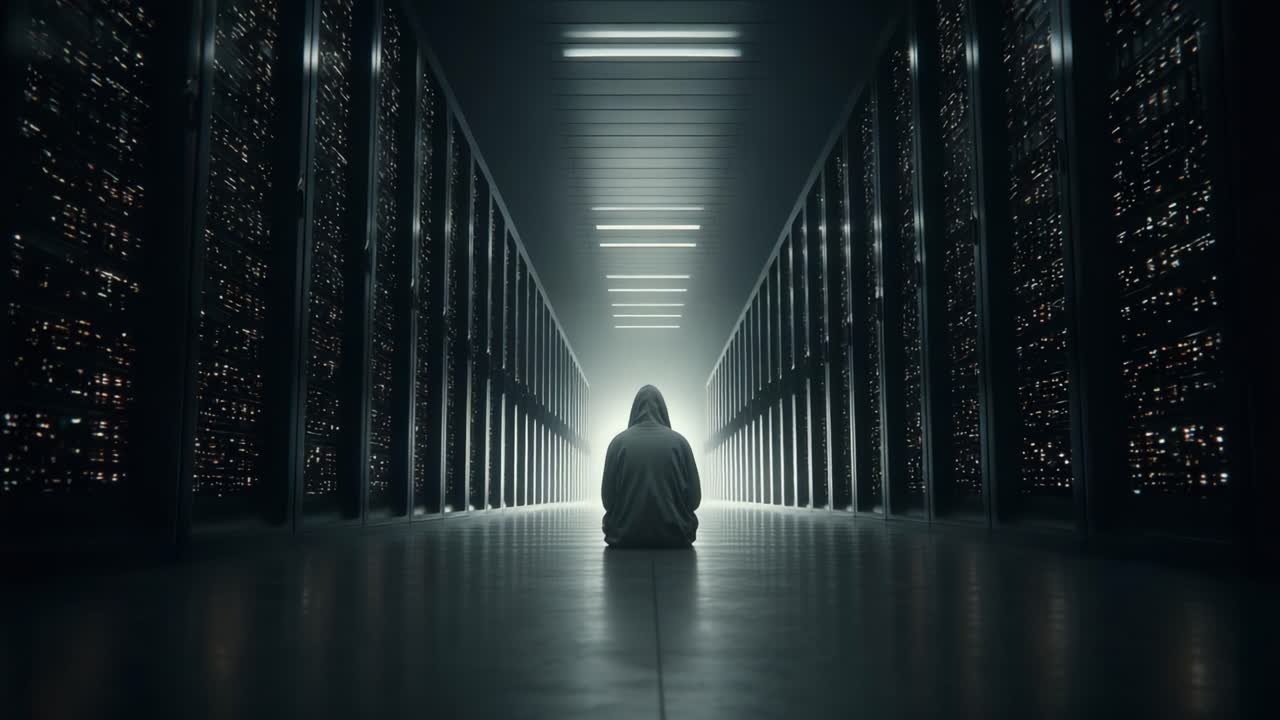 A solitary figure sits in a dimly lit corridor of server racks, illuminated by an eerie light, symbolizing contemplation in the age of technology and data