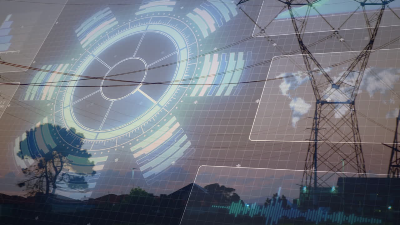 Futuristic digital interface animation over landscape with power lines and trees