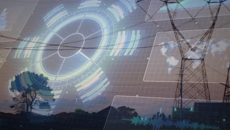 Futuristic digital interface animation over landscape with power lines and trees