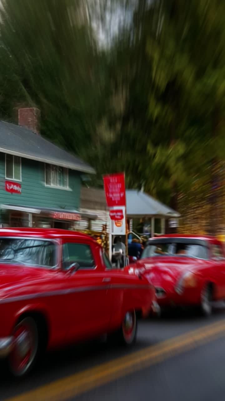 A Vibrant Display of Classic Red Vehicles Along a Tree-Lined Street, Framed by Vintage Architecture and Festive Decorations Captured in Two Dynamic Frames of Motion