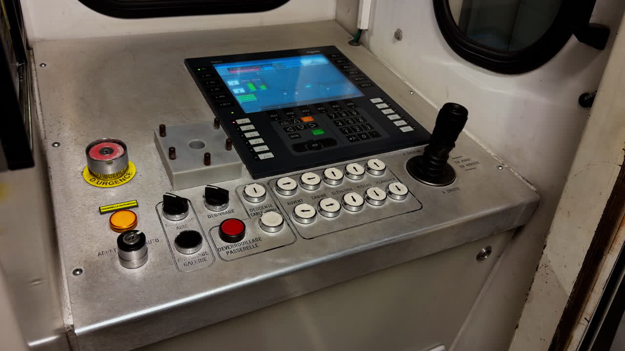 Close up of airport jet bridge control panel used to operate passenger boarding bridge before aircraft boarding. Aviation ground operations and terminal infrastructure