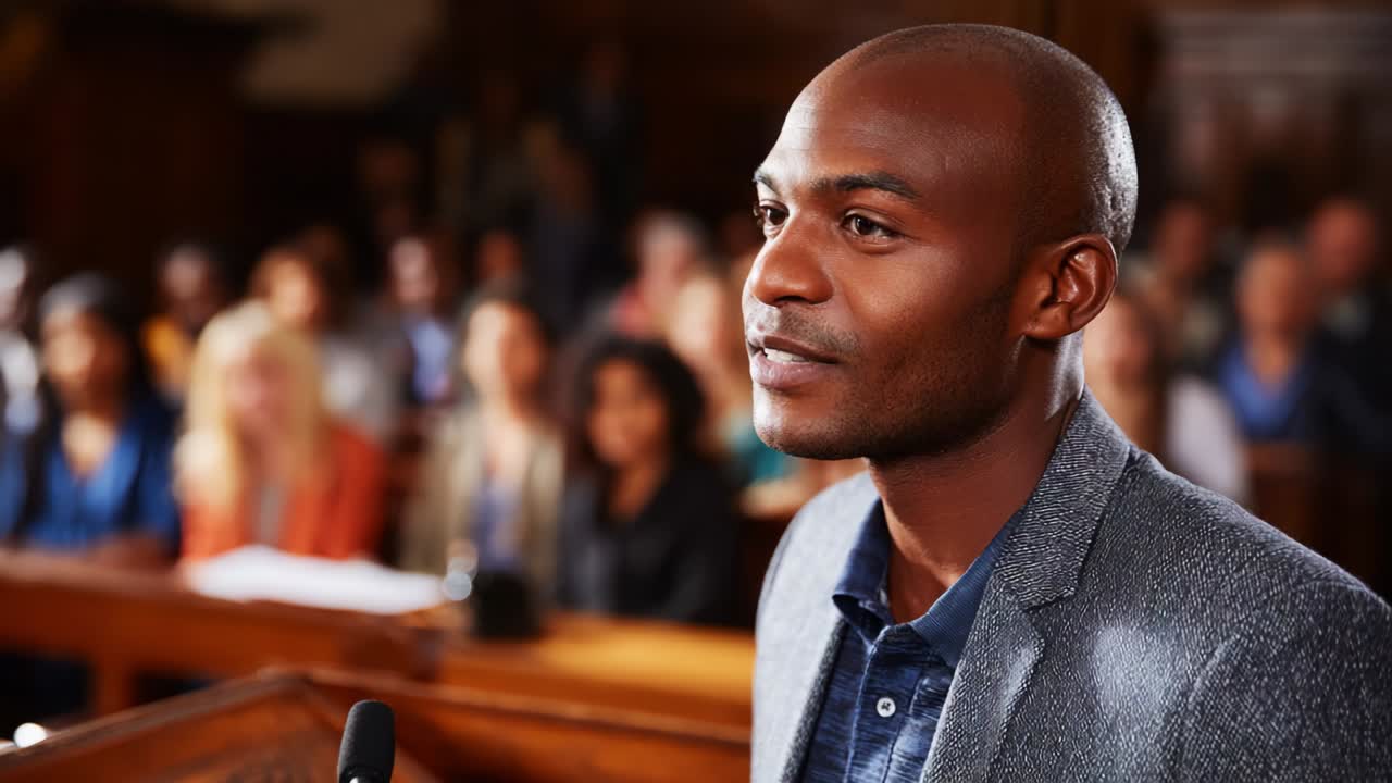 A Determined Man Addresses the Courtroom, Speaking Confidently Before a Diverse Audience of Jurors and Spectators, Conveying Relevant Arguments and Emotional Appeals in a Legal Setting