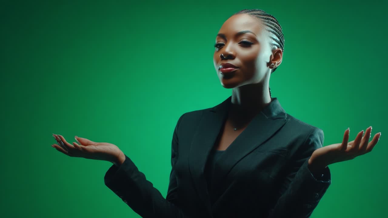 A Confident Woman in a Black Suit Poses with Grace, Exuding Empowerment and Poise Against a Vibrant Green Background, Capturing a Moment of Authority and Command