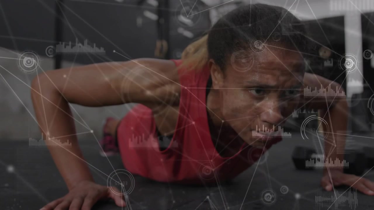 Fitness trainee doing push-ups on rubber mat, starting set with HUD overlaying body for form