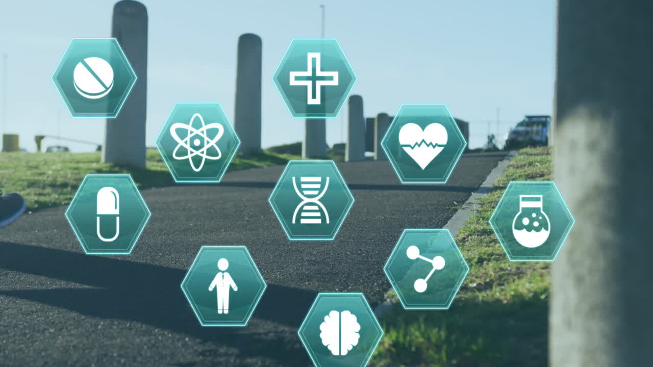 공원에서 조 ⁇ 하는 여성 위에 의학 아이콘의 애니메이션