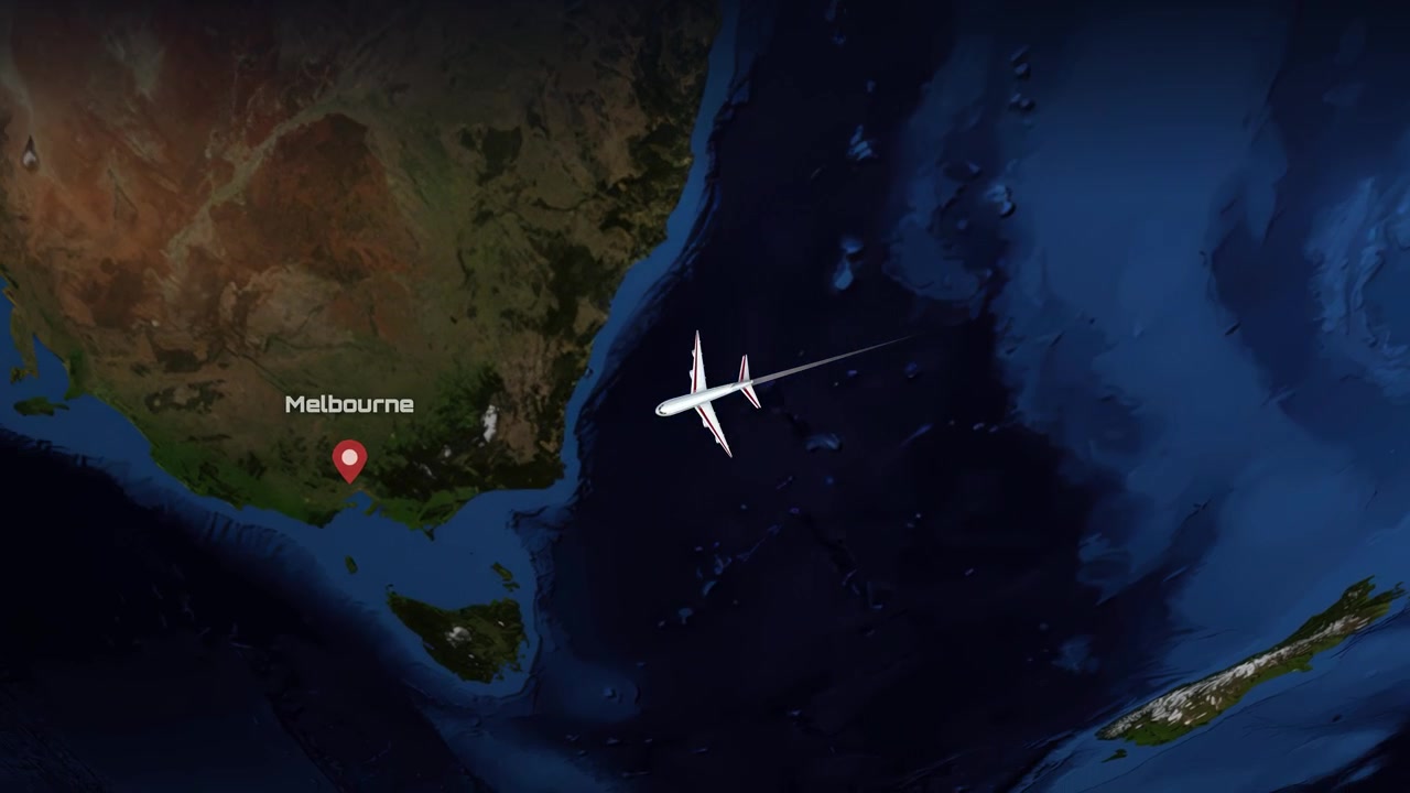Satellite view animation follows an airplane flying from Dallas, Texas to Melbourne, Australia across oceans