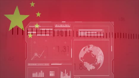 Animation-Von-Finanzdaten-Und-Grafiken-Auf-Bildschirmen-über-Der-Flagge-Chinas
