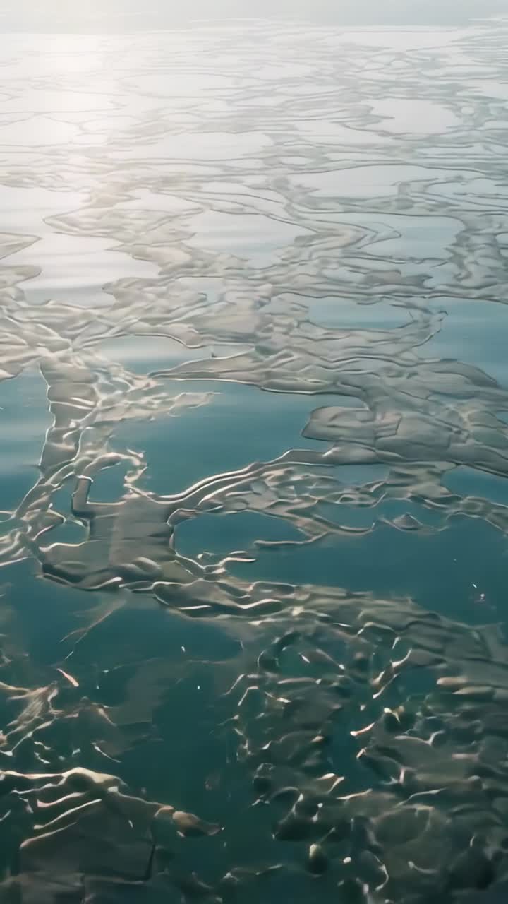 Vertikal video: Glidende drone avslører smelteflak og dammer på sjøen, solglimt signaliserer smelting