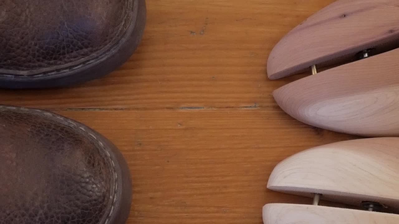 Brown leather shoes with wooden polishers on wooden surface, ready for care
