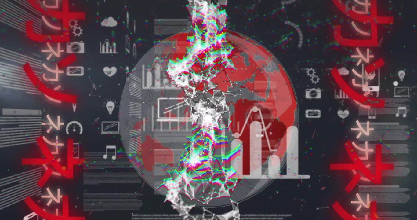 Animation of data processing, icons, globe and chinese writings in black digital space