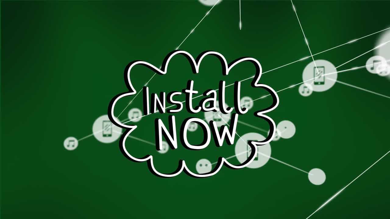Animazione di rete di connessioni con icone sul testo 'Installa ora' su sfondo verde.