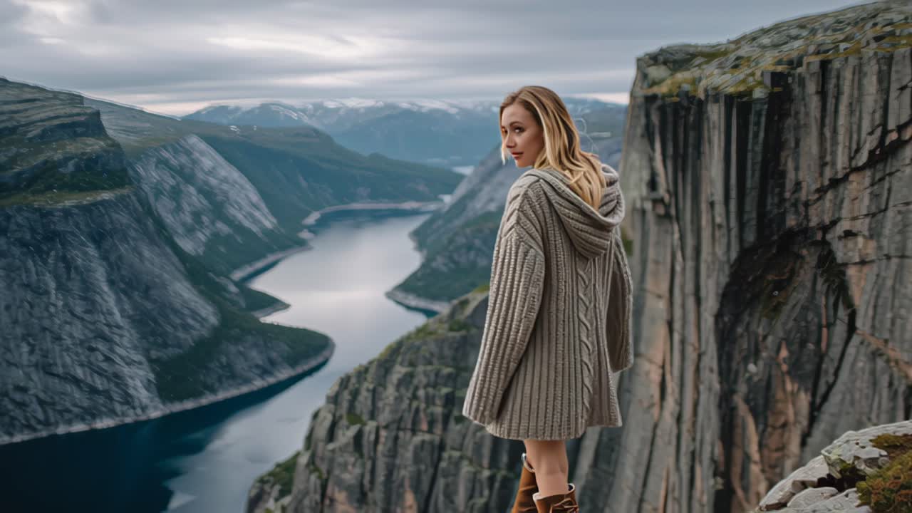 Rear view of a young woman in warm sweater and boots standing on a rocky cliff edge above a dramatic fjord, mountains and calm water under cloudy sky