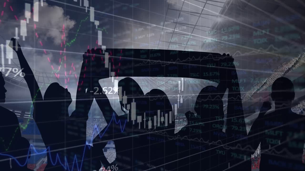 青い空のスタジアムでスポーツファンを応援するライングラフ上のデータ処理のアニメーション