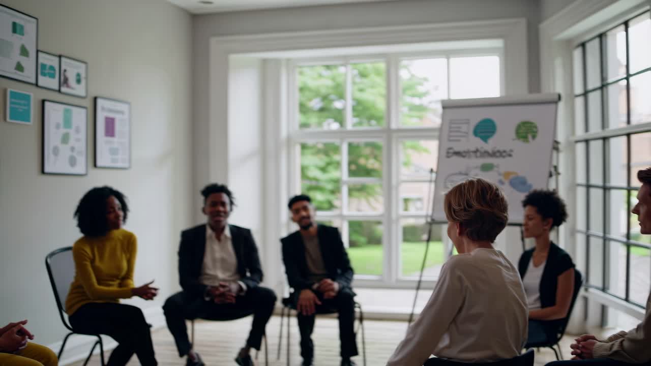A video still of a diverse group in a casual meeting, seated in a circle