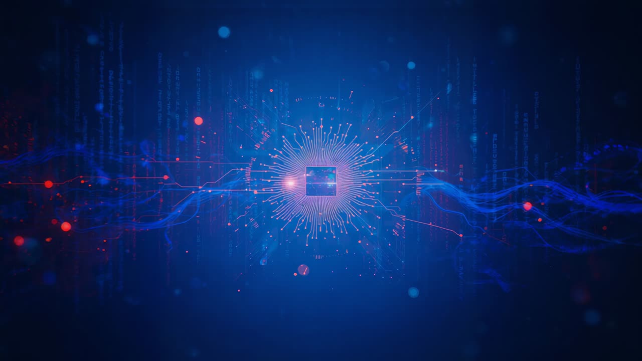 Pulsing central chip square sending data across digital backdrop on signal, red traces, blue ribbon