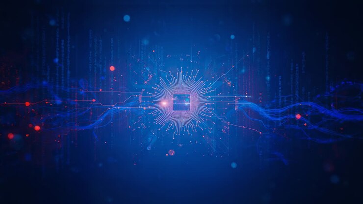 Pulsing central chip square sending data across digital backdrop on signal, red traces, blue ribbon