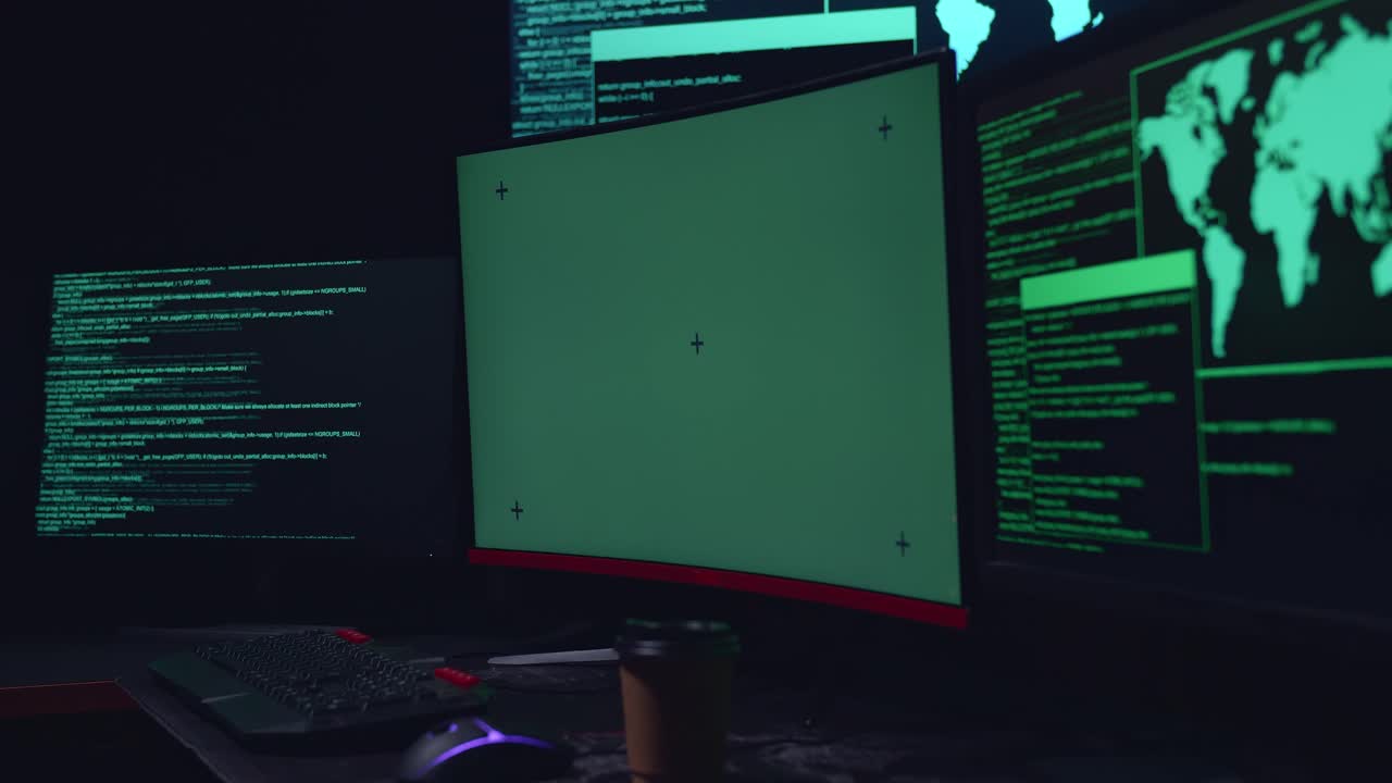Isolated Mock-Up Green Screen And Code On Multiple Computer Screens, Cyber Attack