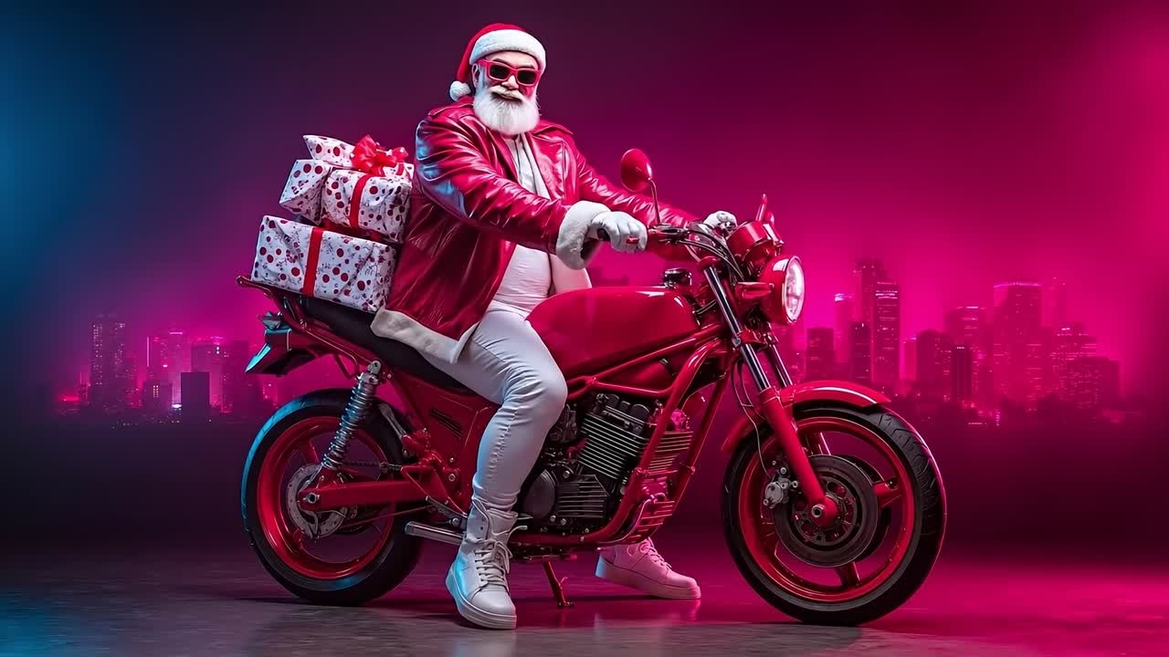 A man dressed as Santa Claus riding a red motorcycle with presents on the back