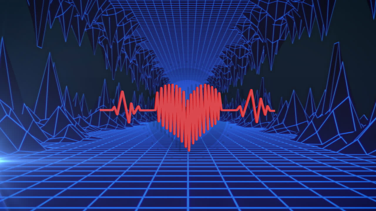 심장 박동 아이콘은 그리드 네트워크와 검은 바탕에 3d 구조를 통해 표시됩니다.