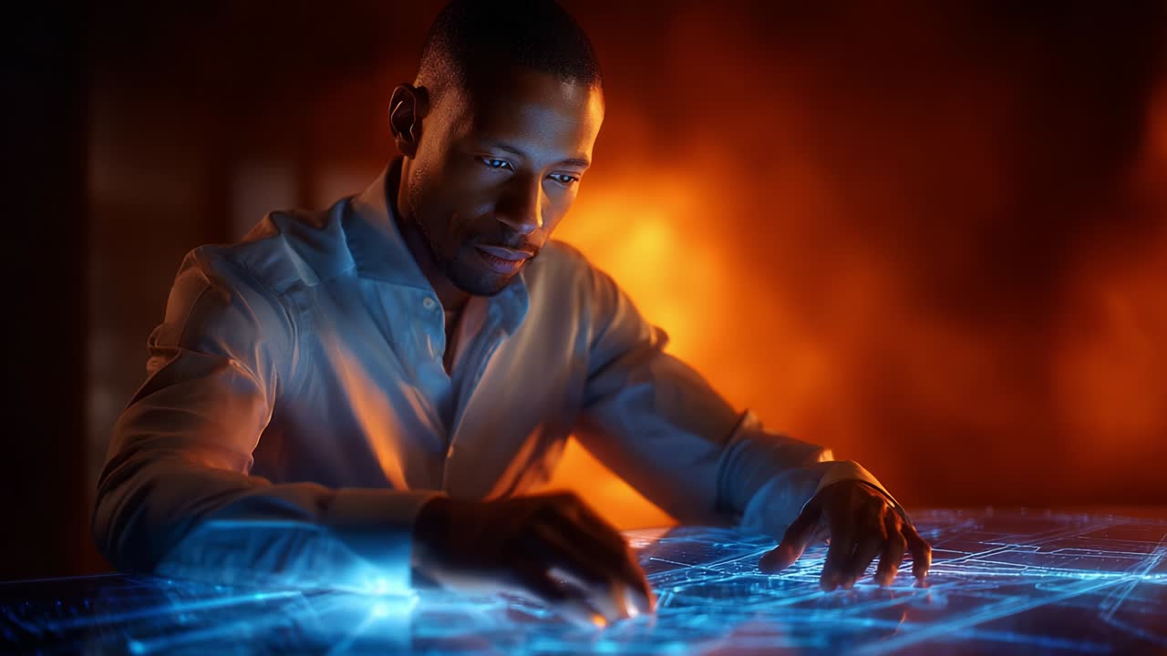 A focused individual interacts with a futuristic holographic interface, showcasing advanced technology and digital artistry while immersed in a dynamic environment filled with ambient lighting