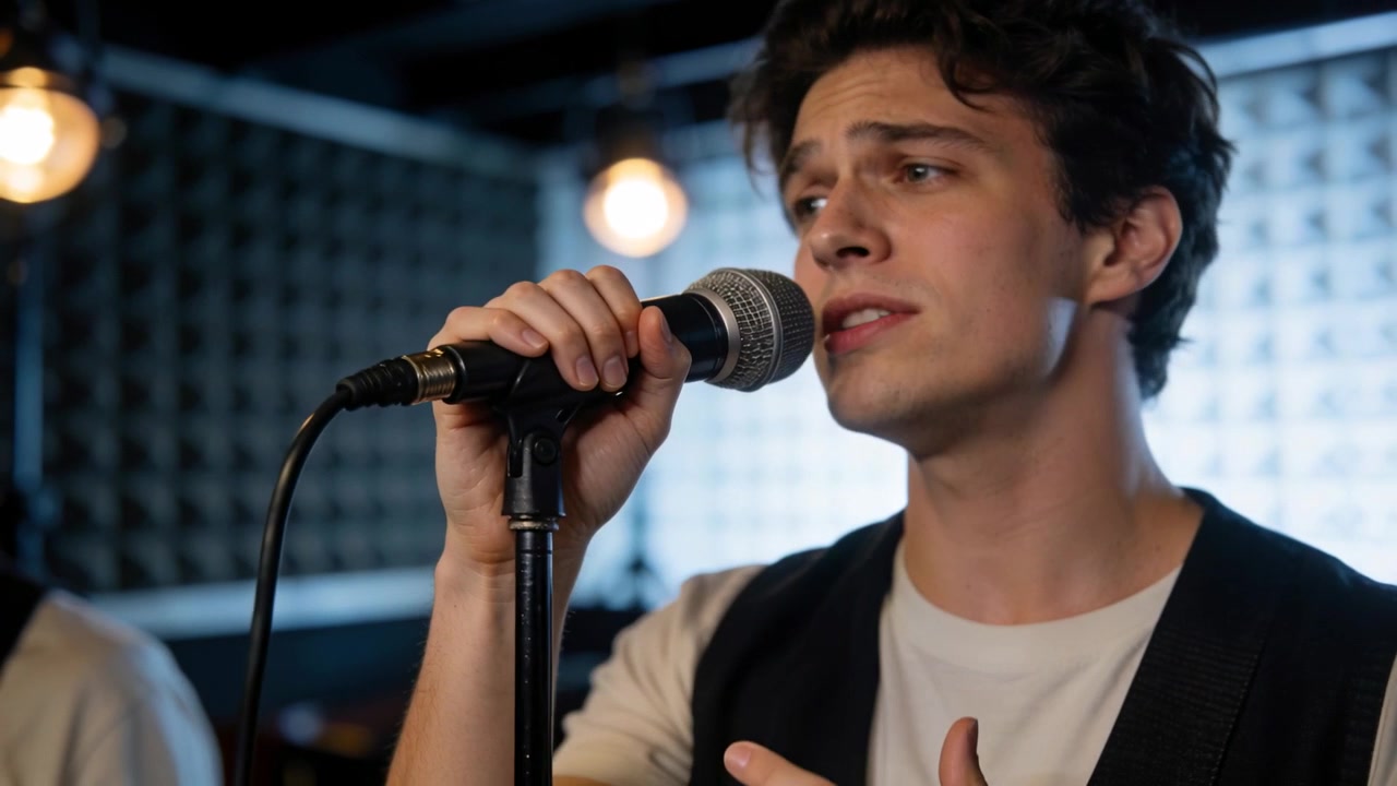 Reagendo al segnale del compagno di band, vocalist che indossa una maglietta bianca e un gilet scuro, che canta, tenendo un microfono in studio