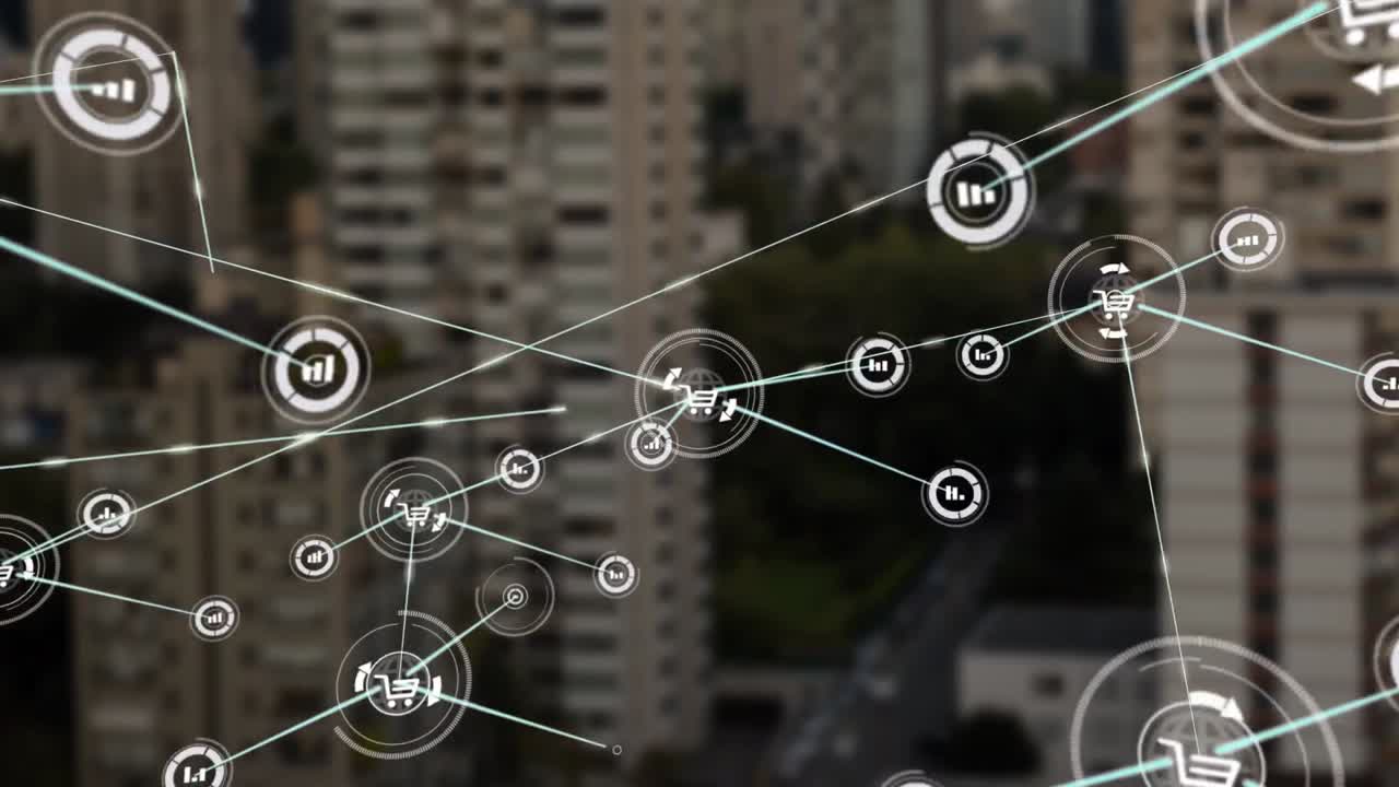 conectores que se mueven en el paisaje urbano de fondo