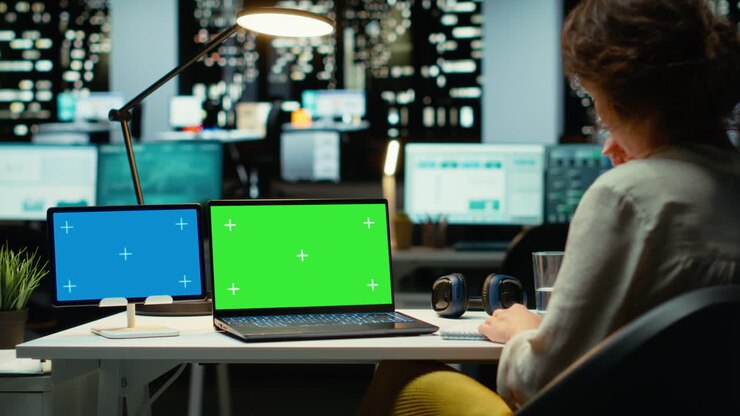 Un consulente aziendale lavora con un mockup e usa lo spazio di copia su un tablet e un laptop