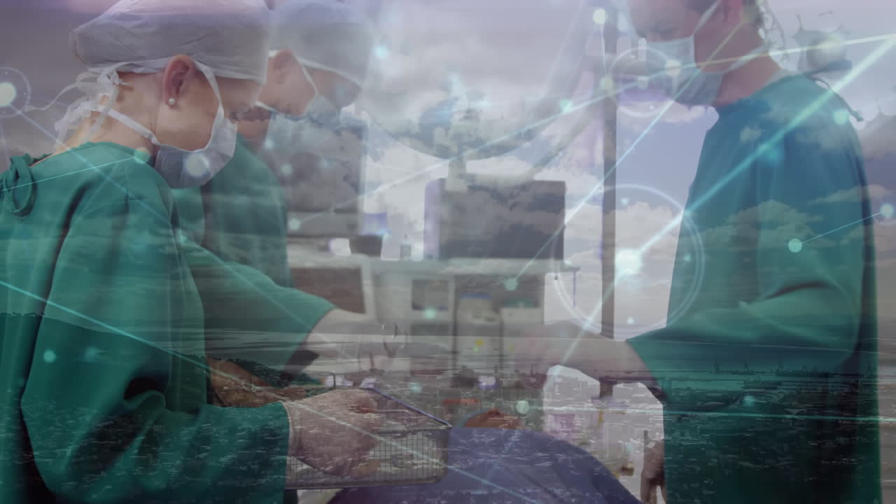 다양한 외과 의사와 도시 풍경과의 연결 네트워크의 애니메이션
