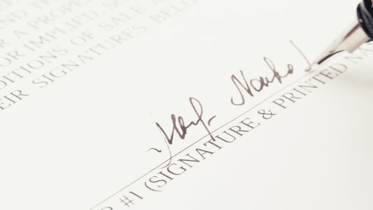 Close-up of Hand Signing Document with Fountain Pen