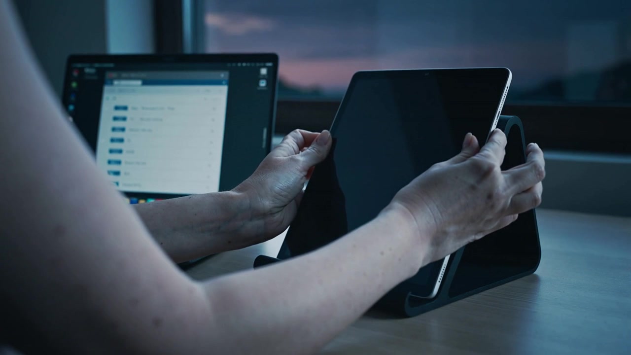 Lifting tablet onto stand at desk, worker in sleeveless top aligning with stylus for work, laptop