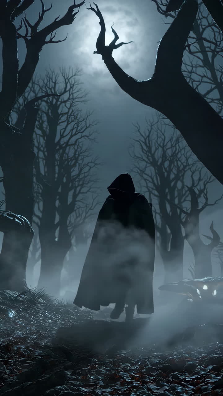 Mysterious Cloaked Figure in a Dark, Foggy Forest at Night